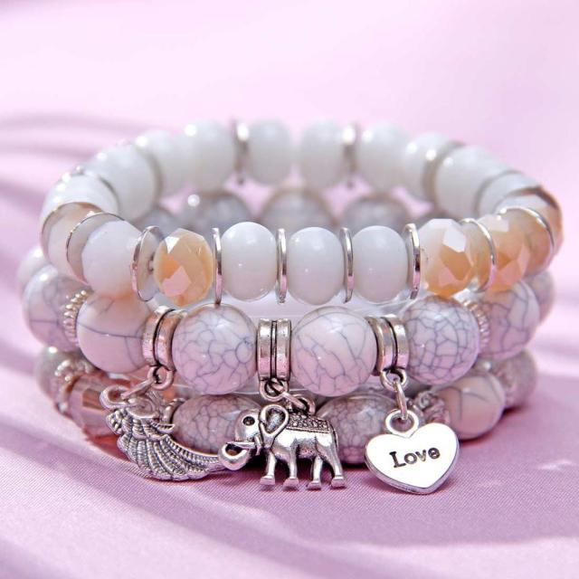 4pcs/set wings heart alloy pendant beads bohemian bracelets women lava stone wristband bangles for party daiiibabyyy