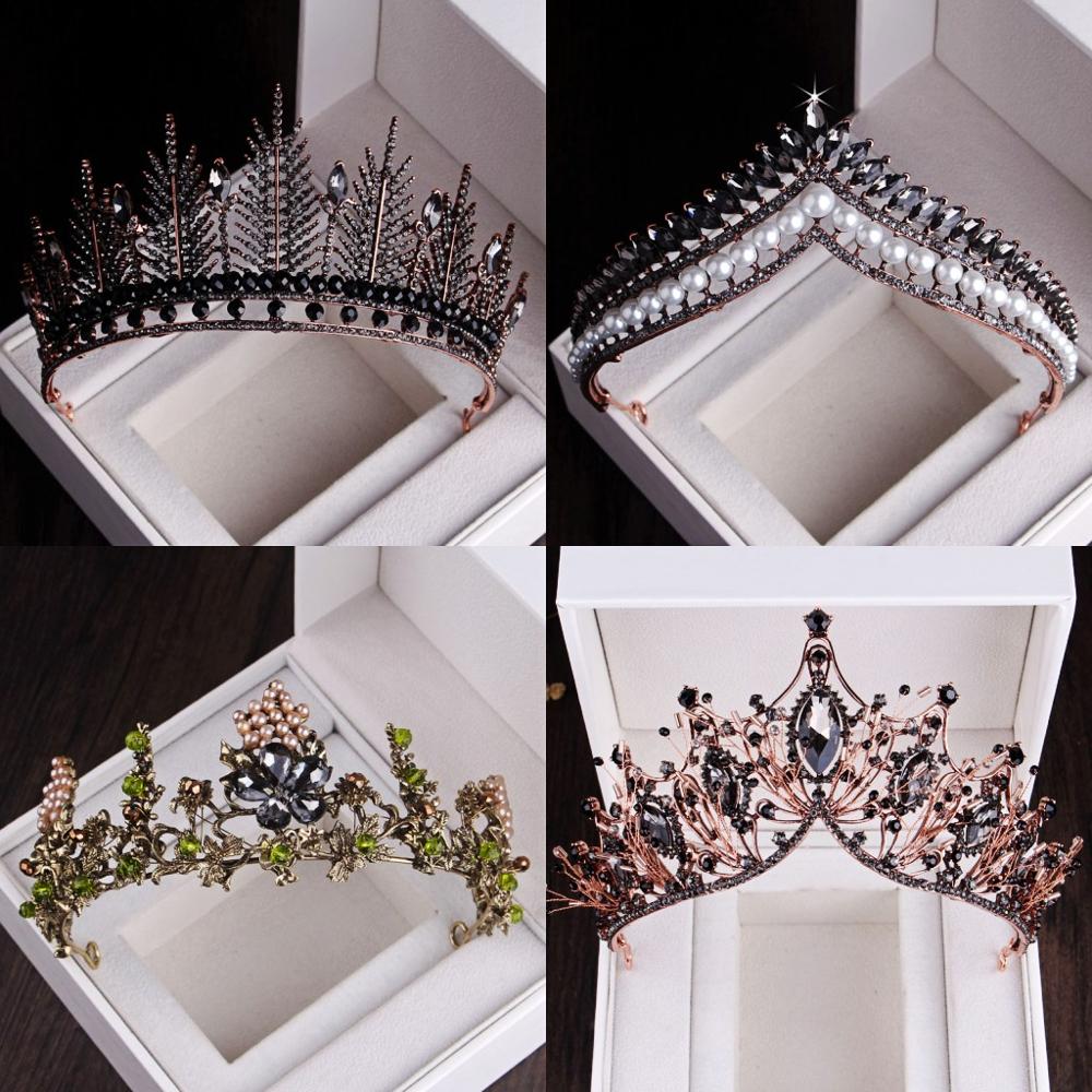 Baroque Black Crystal Pearl Bridal Tiaras Crown Rhinestone Pageant Diadem Bride Headband Wedding Hair Accessories Tiara De Noiva daiiibabyyy