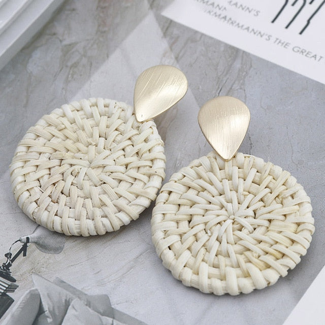 AENSOA Multiple 27 Style Korea Handmade Wooden Straw Weave Rattan Vine Braid Drop Earrings New Fashion Geometric Long Earrings daiiibabyyy