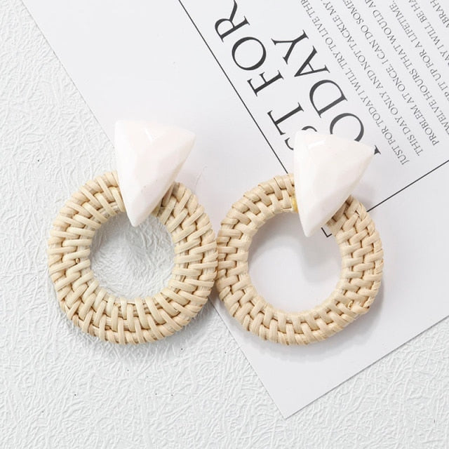 AENSOA Multiple 27 Style Korea Handmade Wooden Straw Weave Rattan Vine Braid Drop Earrings New Fashion Geometric Long Earrings daiiibabyyy