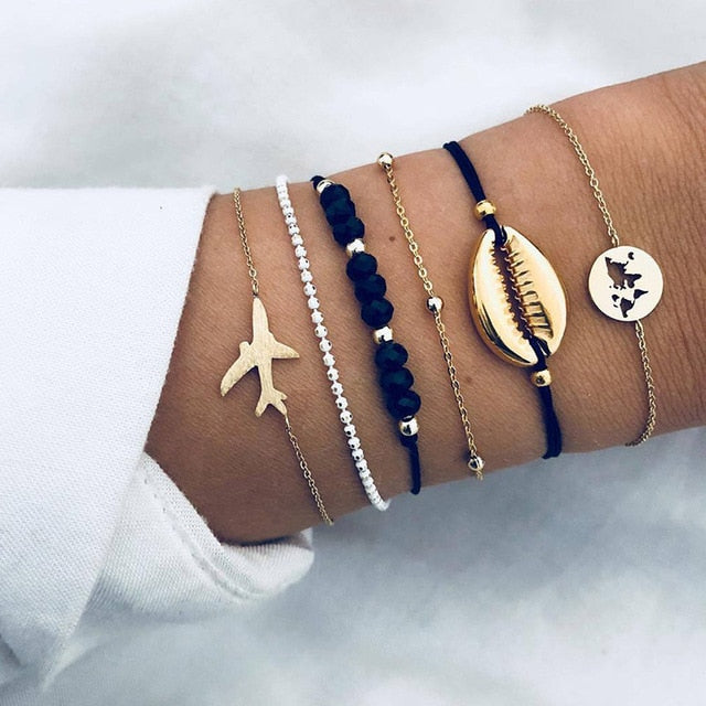 4pcs/Set Bohemian Stone beads chains bracelets Set For Women Metal Heart Round Tassel charm Bangle Fashion Jewelry daiiibabyyy