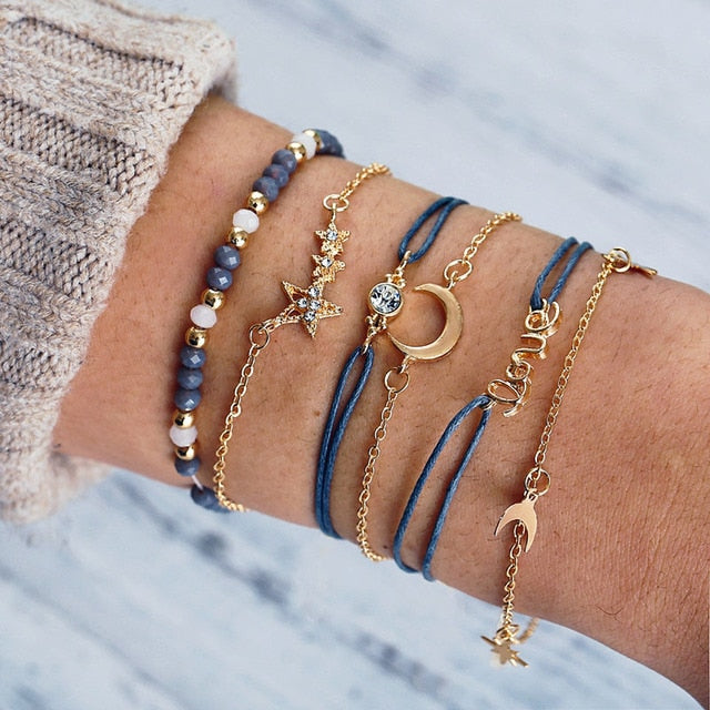 4pcs/Set Bohemian Stone beads chains bracelets Set For Women Metal Heart Round Tassel charm Bangle Fashion Jewelry daiiibabyyy