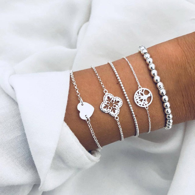 4pcs/Set Bohemian Stone beads chains bracelets Set For Women Metal Heart Round Tassel charm Bangle Fashion Jewelry daiiibabyyy
