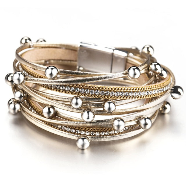 ALLYES Metal Beads Charm Leather Bracelets for Women Fashion  Crystal Chain Bohemian Multilayer Wrap Bracelet Female Jewelry daiiibabyyy