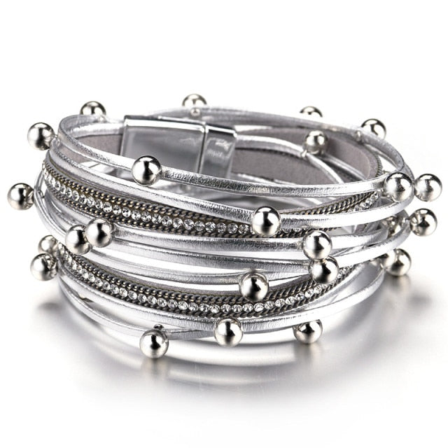 ALLYES Metal Beads Charm Leather Bracelets for Women Fashion  Crystal Chain Bohemian Multilayer Wrap Bracelet Female Jewelry daiiibabyyy