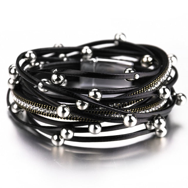 ALLYES Metal Beads Charm Leather Bracelets for Women Fashion  Crystal Chain Bohemian Multilayer Wrap Bracelet Female Jewelry daiiibabyyy
