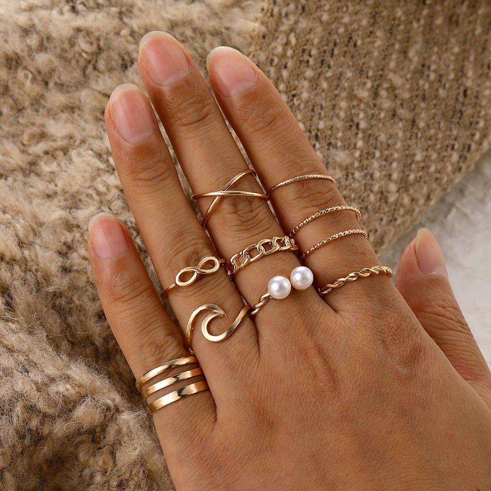 Boho Gold Silver Color Pearl Rings Set For Women Fashion Geometric Twist Hollow Open Ring Joint Finger Rings Charm Jewelry daiiibabyyy