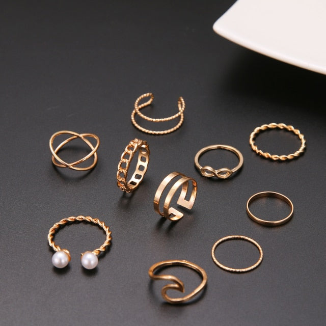 Boho Gold Silver Color Pearl Rings Set For Women Fashion Geometric Twist Hollow Open Ring Joint Finger Rings Charm Jewelry daiiibabyyy