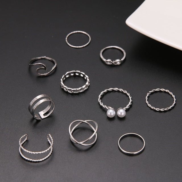 Boho Gold Silver Color Pearl Rings Set For Women Fashion Geometric Twist Hollow Open Ring Joint Finger Rings Charm Jewelry daiiibabyyy