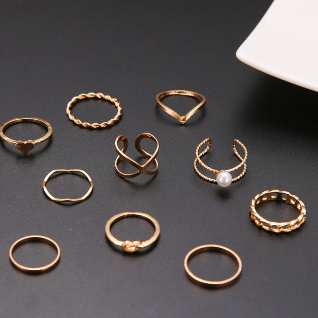 Boho Gold Silver Color Pearl Rings Set For Women Fashion Geometric Twist Hollow Open Ring Joint Finger Rings Charm Jewelry daiiibabyyy