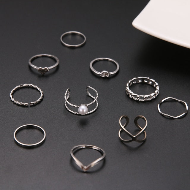 Boho Gold Silver Color Pearl Rings Set For Women Fashion Geometric Twist Hollow Open Ring Joint Finger Rings Charm Jewelry daiiibabyyy