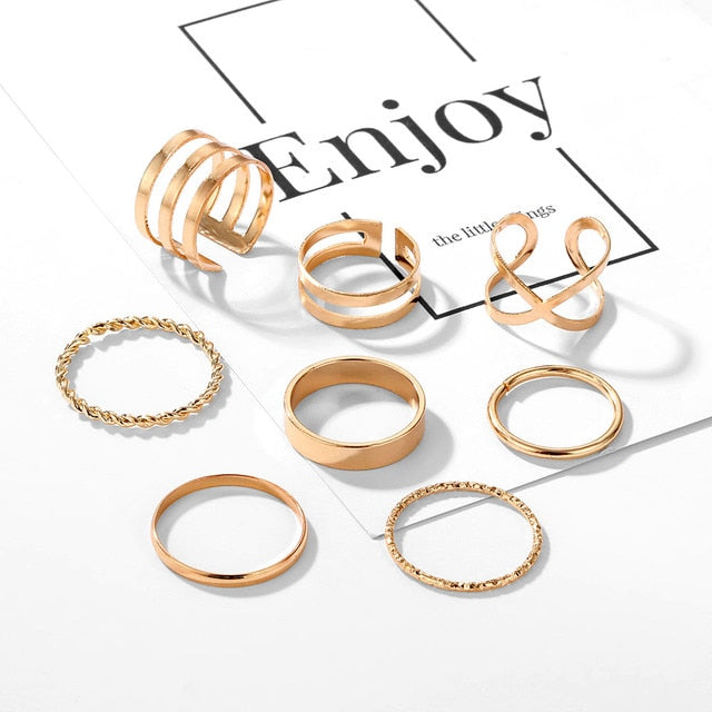 Boho Gold Silver Color Pearl Rings Set For Women Fashion Geometric Twist Hollow Open Ring Joint Finger Rings Charm Jewelry daiiibabyyy