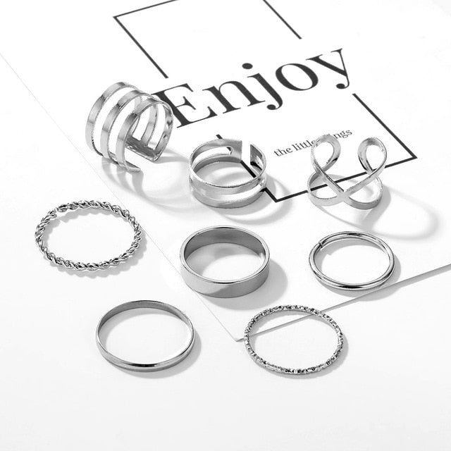 Boho Gold Silver Color Pearl Rings Set For Women Fashion Geometric Twist Hollow Open Ring Joint Finger Rings Charm Jewelry daiiibabyyy