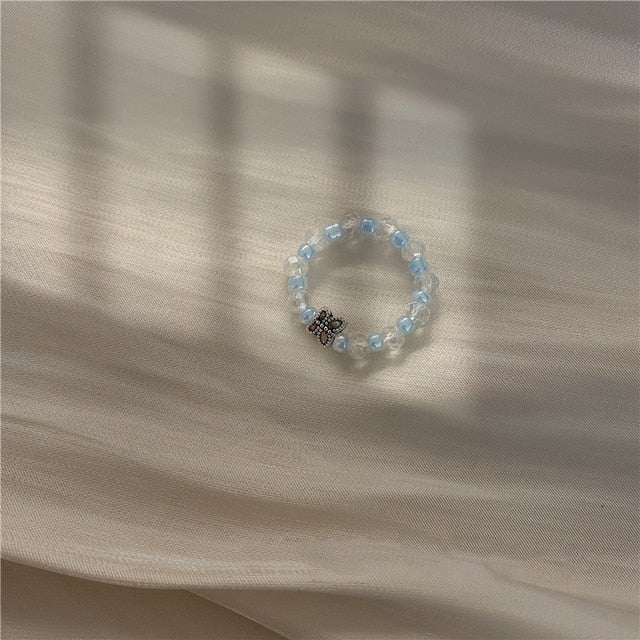 AOMU  Fashion Crystal Beaded Rings Cute Minimalist Coloful Beads Geometric Stacked Fine Rings for Women Party Gift Jewelry daiiibabyyy