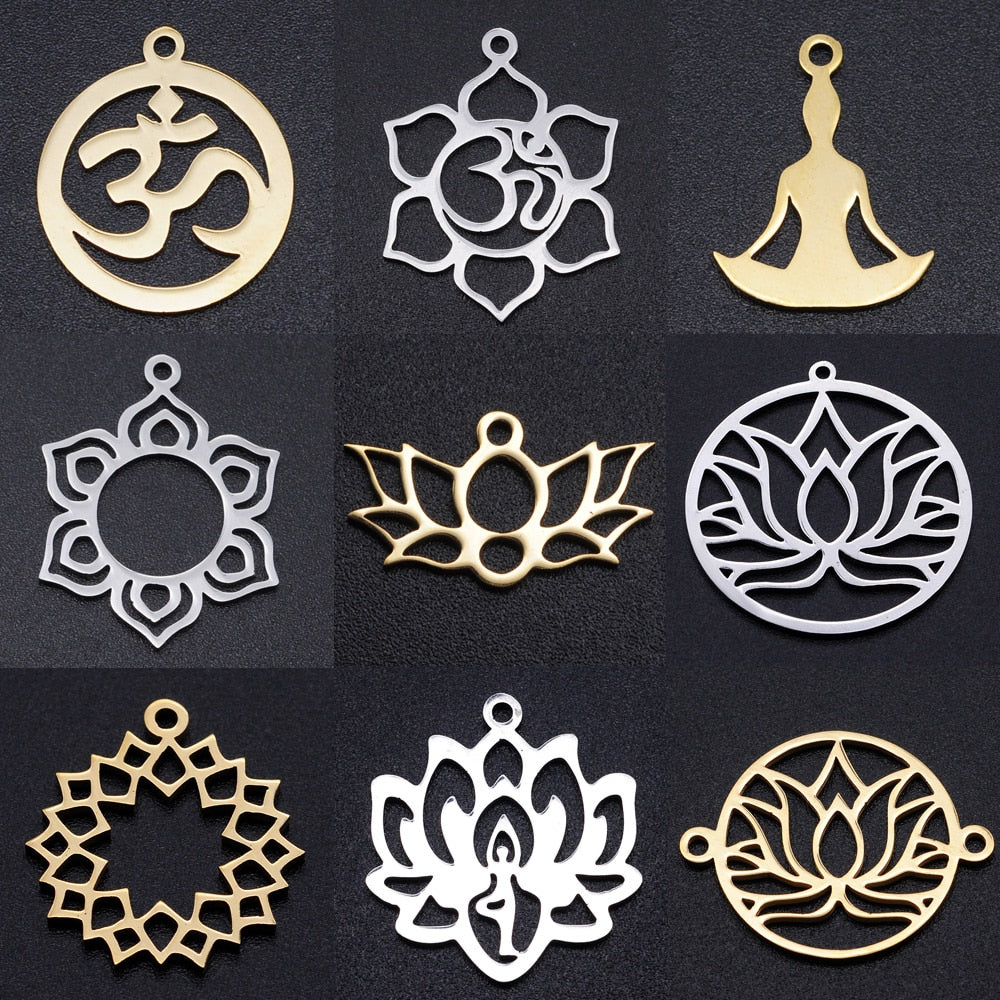 5pcs/lot Flower of Life DIY Charms Wholesale 100% Stainless Steel Yoga Lotus Connectors Charm Om Hansa Hand Jewelry Pendant daiiibabyyy