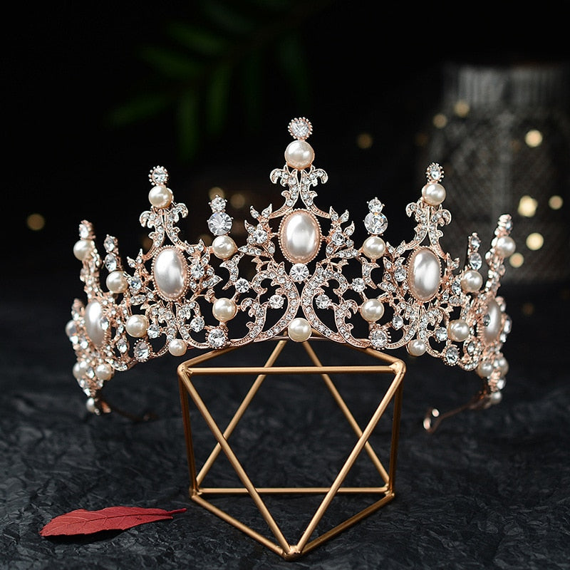Baroque Luxury Silver Plated Crystal Pearls Bridal Tiaras Crown Rhinestone Pageant Diadem CZ Headbands Wedding Hair Accessories daiiibabyyy