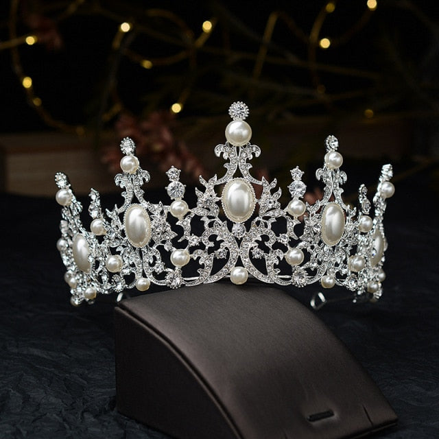 Baroque Luxury Silver Plated Crystal Pearls Bridal Tiaras Crown Rhinestone Pageant Diadem CZ Headbands Wedding Hair Accessories daiiibabyyy