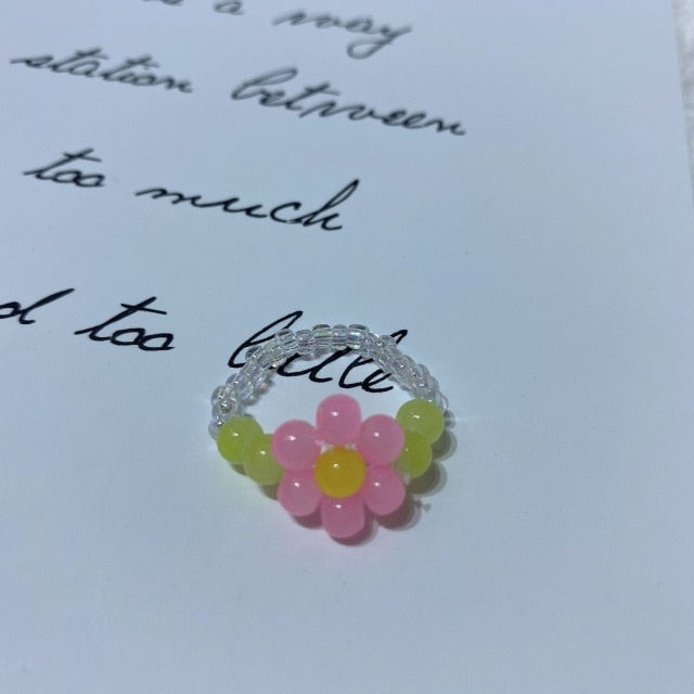 AOMU  Fashion Crystal Beaded Rings Cute Minimalist Coloful Beads Geometric Stacked Fine Rings for Women Party Gift Jewelry daiiibabyyy
