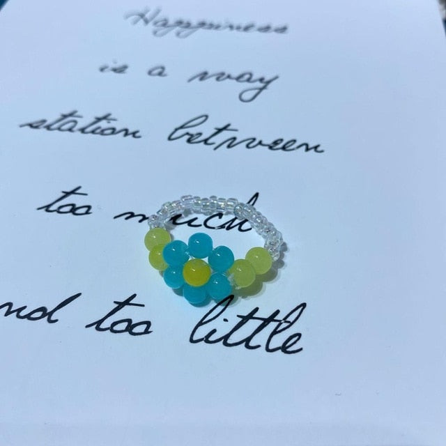 AOMU  Fashion Crystal Beaded Rings Cute Minimalist Coloful Beads Geometric Stacked Fine Rings for Women Party Gift Jewelry daiiibabyyy