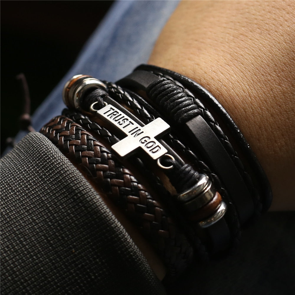 3 Pcs/Set Leather Bracelets Men Bangles For Women Wood Beads Feather TRUST IN GOD Cross Charm Homme Gift Jewelry Freely Shipping daiiibabyyy
