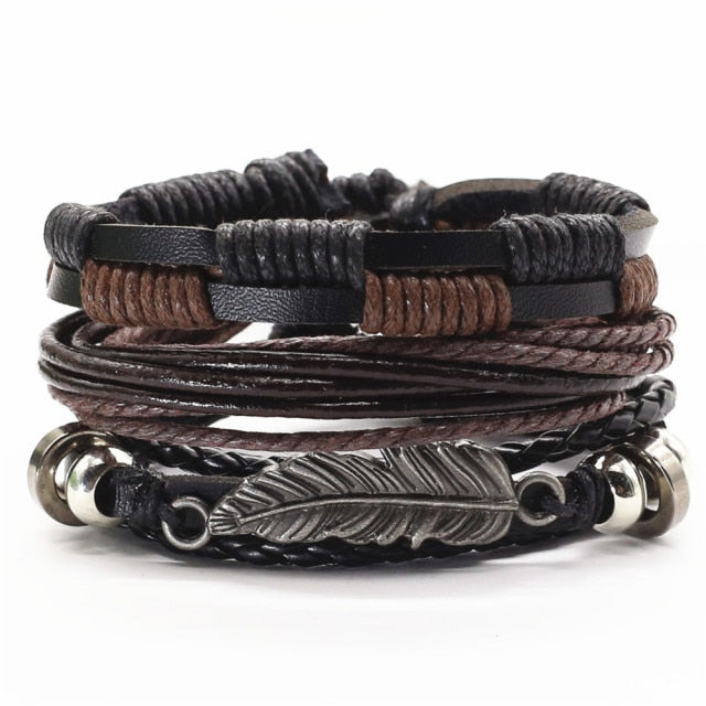 3 Pcs/Set Leather Bracelets Men Bangles For Women Wood Beads Feather TRUST IN GOD Cross Charm Homme Gift Jewelry Freely Shipping daiiibabyyy
