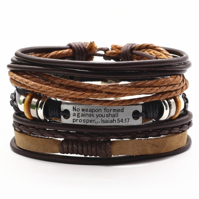 3 Pcs/Set Leather Bracelets Men Bangles For Women Wood Beads Feather TRUST IN GOD Cross Charm Homme Gift Jewelry Freely Shipping daiiibabyyy