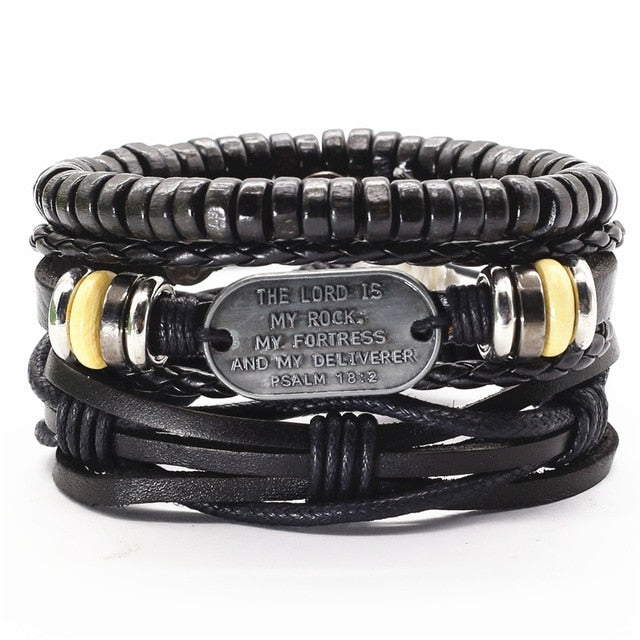3 Pcs/Set Leather Bracelets Men Bangles For Women Wood Beads Feather TRUST IN GOD Cross Charm Homme Gift Jewelry Freely Shipping daiiibabyyy