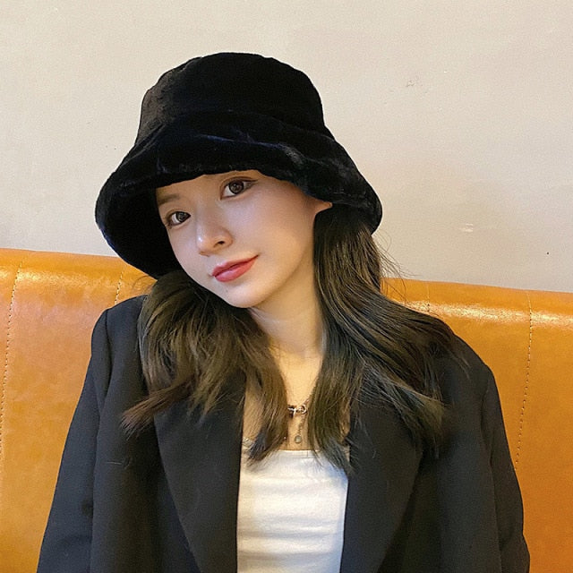 Autumn Winter Panama Hat for Women Faux Fur Bucket Hats Cow Print Plush Velvet Warm Panama Hat Fisherman Hats Vacation Cap daiiibabyyy
