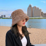 Autumn Winter Panama Hat for Women Faux Fur Bucket Hats Cow Print Plush Velvet Warm Panama Hat Fisherman Hats Vacation Cap daiiibabyyy