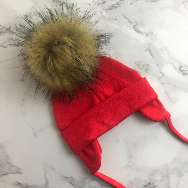 Autumn Winter Unisex Faux Fur Pompom Cotton Earflap Caps For Newborn Toddler Kids Girl Cap Baby Boy Hats Beaine Bonnet daiiibabyyy