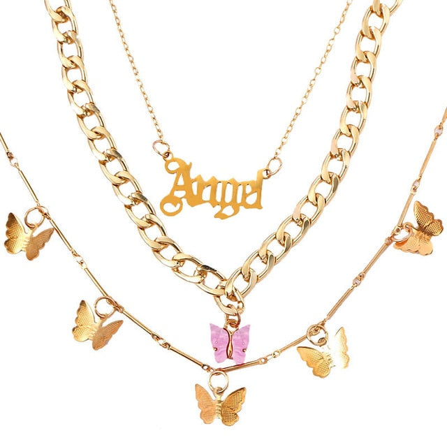 Bohemian Multilayer Necklaces For Women Men Gold Butterfly Portrait Coin Cross Crystal Chokers Necklace Trendy New Jewelry Gifts daiiibabyyy
