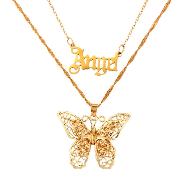 Bohemian Multilayer Necklaces For Women Men Gold Butterfly Portrait Coin Cross Crystal Chokers Necklace Trendy New Jewelry Gifts daiiibabyyy
