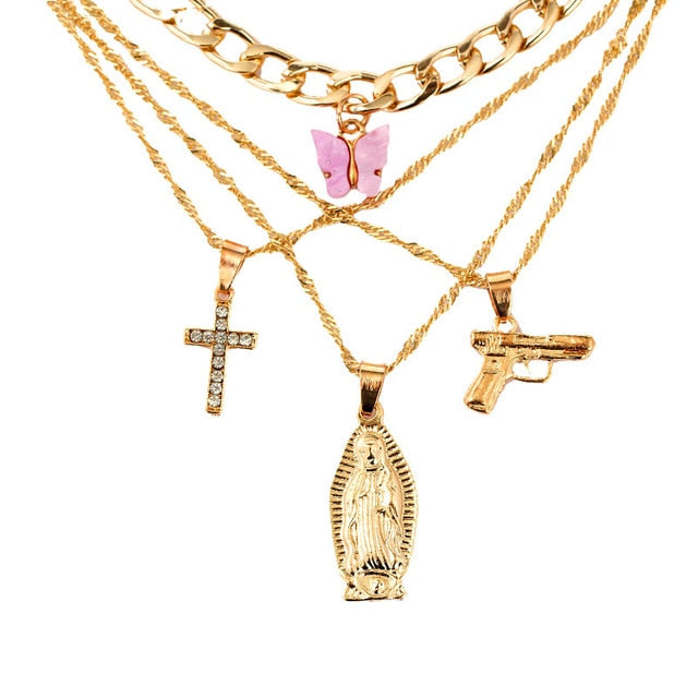 Bohemian Multilayer Necklaces For Women Men Gold Butterfly Portrait Coin Cross Crystal Chokers Necklace Trendy New Jewelry Gifts daiiibabyyy