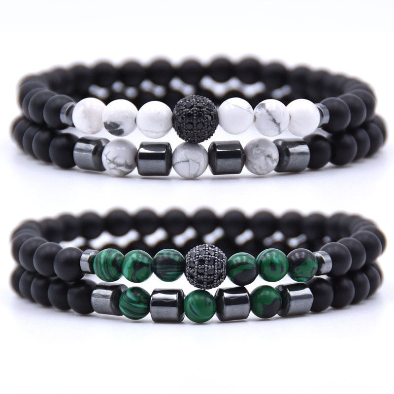 6mm Natural stone beads Bracelet 2pcs/set CZ Ball Beaded bracciali femme Friends Bracelets For Women Men Jewelry mens bileklik daiiibabyyy