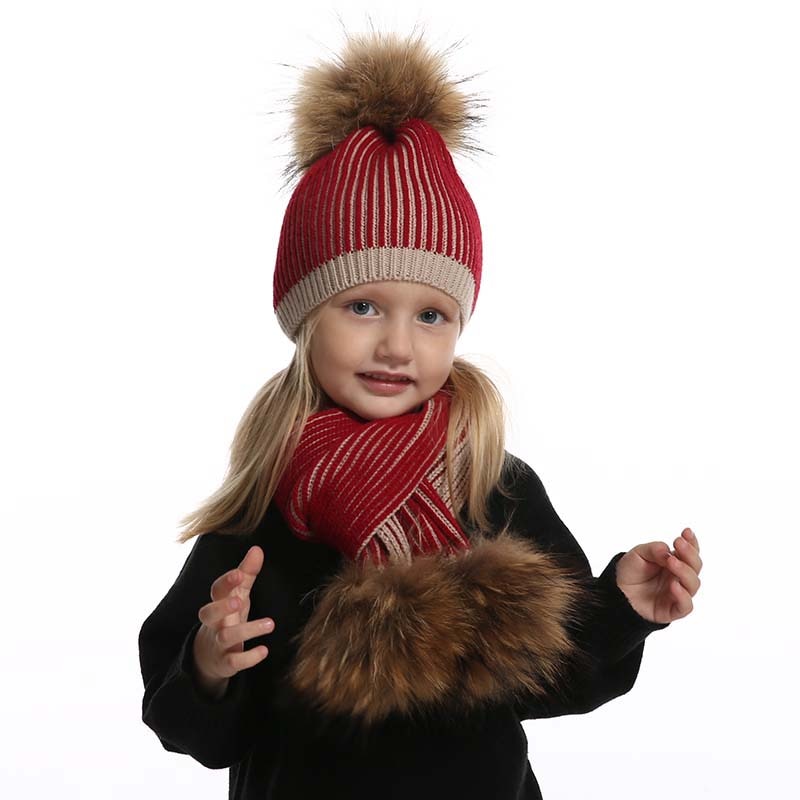 Baby Winter Hat For Girls Boys Real Fur Pompom Kids Hat and Scarf Set Striped Knitted Beanies Skullies daiiibabyyy