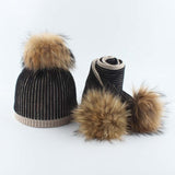 Baby Winter Hat For Girls Boys Real Fur Pompom Kids Hat and Scarf Set Striped Knitted Beanies Skullies daiiibabyyy