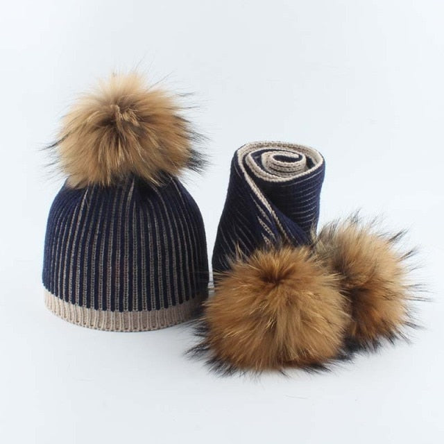 Baby Winter Hat For Girls Boys Real Fur Pompom Kids Hat and Scarf Set Striped Knitted Beanies Skullies daiiibabyyy