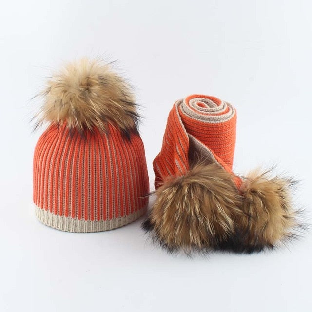 Baby Winter Hat For Girls Boys Real Fur Pompom Kids Hat and Scarf Set Striped Knitted Beanies Skullies daiiibabyyy