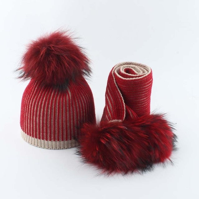 Baby Winter Hat For Girls Boys Real Fur Pompom Kids Hat and Scarf Set Striped Knitted Beanies Skullies daiiibabyyy