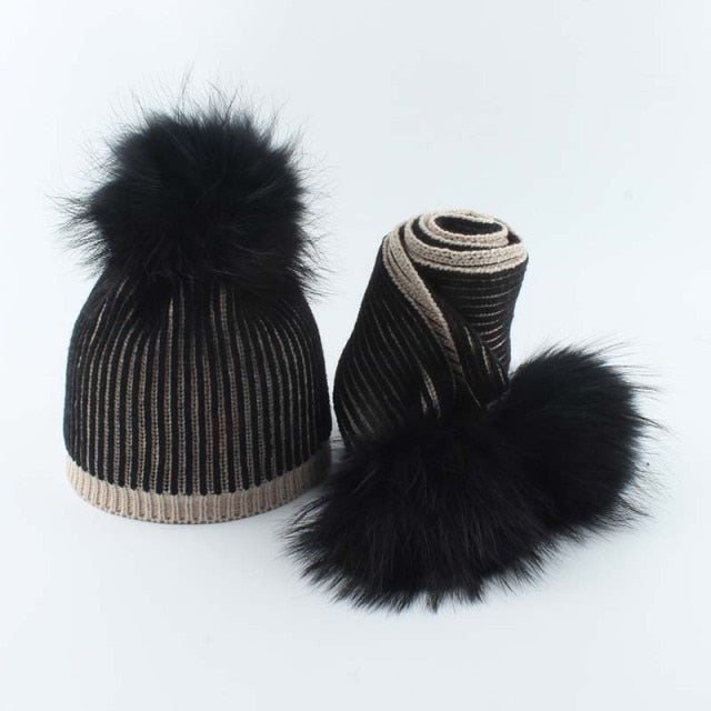 Baby Winter Hat For Girls Boys Real Fur Pompom Kids Hat and Scarf Set Striped Knitted Beanies Skullies daiiibabyyy