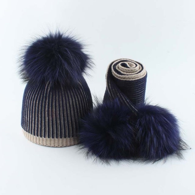 Baby Winter Hat For Girls Boys Real Fur Pompom Kids Hat and Scarf Set Striped Knitted Beanies Skullies daiiibabyyy
