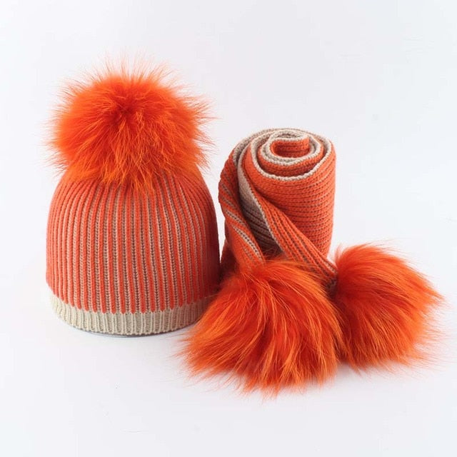 Baby Winter Hat For Girls Boys Real Fur Pompom Kids Hat and Scarf Set Striped Knitted Beanies Skullies daiiibabyyy
