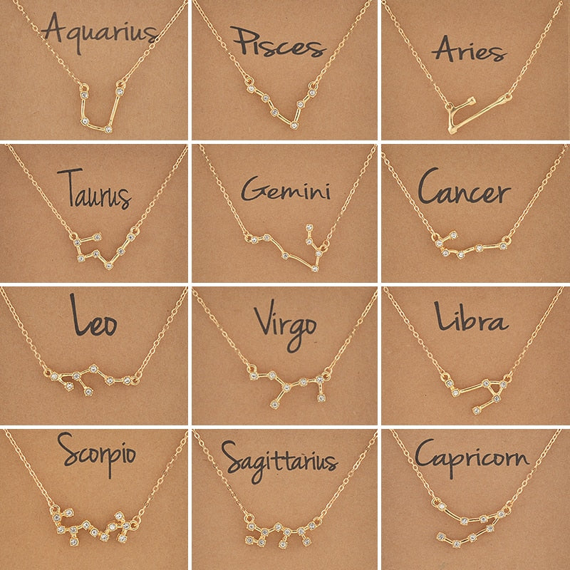 Cardboard Star Zodiac Sign 12 Constellation Necklaces Crystal Charm Gold Chain Choker Necklaces for Women Birthday Jewelry Gift daiiibabyyy