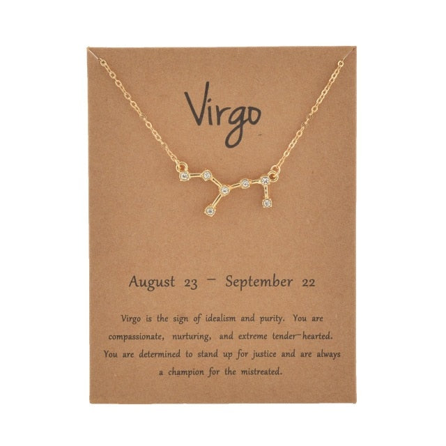 Cardboard Star Zodiac Sign 12 Constellation Necklaces Crystal Charm Gold Chain Choker Necklaces for Women Birthday Jewelry Gift daiiibabyyy