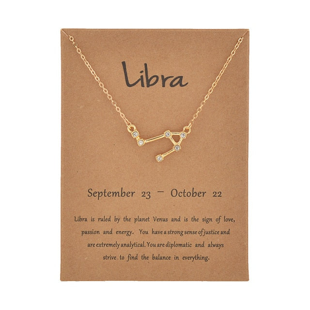 Cardboard Star Zodiac Sign 12 Constellation Necklaces Crystal Charm Gold Chain Choker Necklaces for Women Birthday Jewelry Gift daiiibabyyy