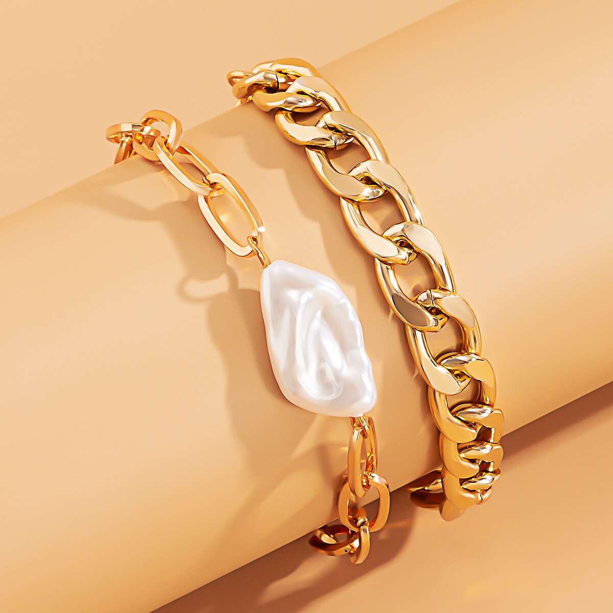 2Pcs/Set Geometric Fashion Link Chain Bracelets Set for Women Bohemia Pearl Multilayer Charm Bangles Fashion Party Jewelry Gift daiiibabyyy