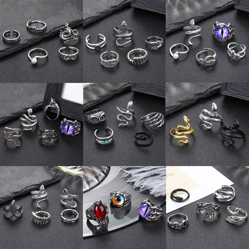 3pc 4pc 5pc Vintage Gothic Snake Rings Men Bull Head Skull Feather Dragon Cross Animal Men Ring Punk Jewelry Evil Eye Ball Ring daiiibabyyy