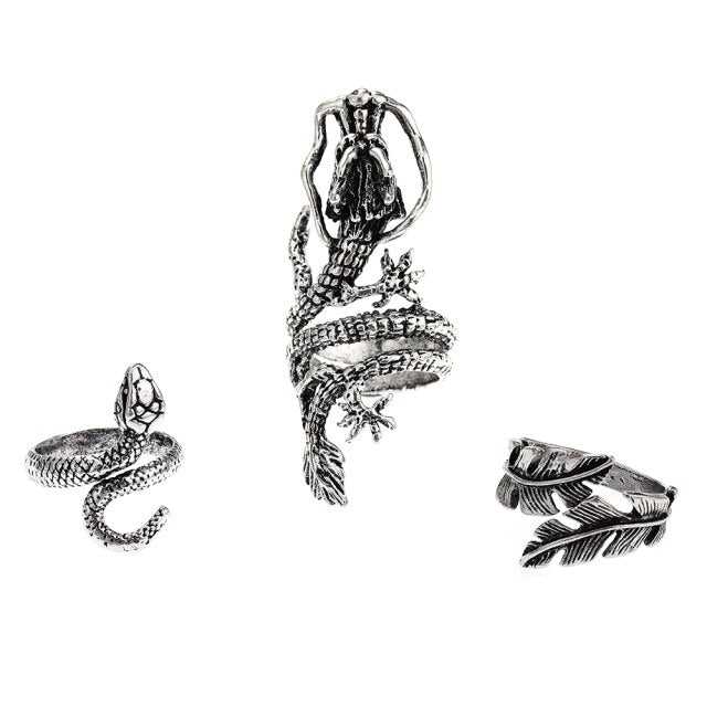 3pc 4pc 5pc Vintage Gothic Snake Rings Men Bull Head Skull Feather Dragon Cross Animal Men Ring Punk Jewelry Evil Eye Ball Ring daiiibabyyy