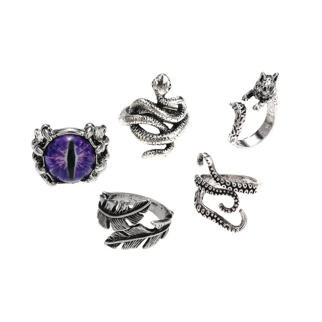 3pc 4pc 5pc Vintage Gothic Snake Rings Men Bull Head Skull Feather Dragon Cross Animal Men Ring Punk Jewelry Evil Eye Ball Ring daiiibabyyy