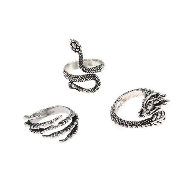 3pc 4pc 5pc Vintage Gothic Snake Rings Men Bull Head Skull Feather Dragon Cross Animal Men Ring Punk Jewelry Evil Eye Ball Ring daiiibabyyy
